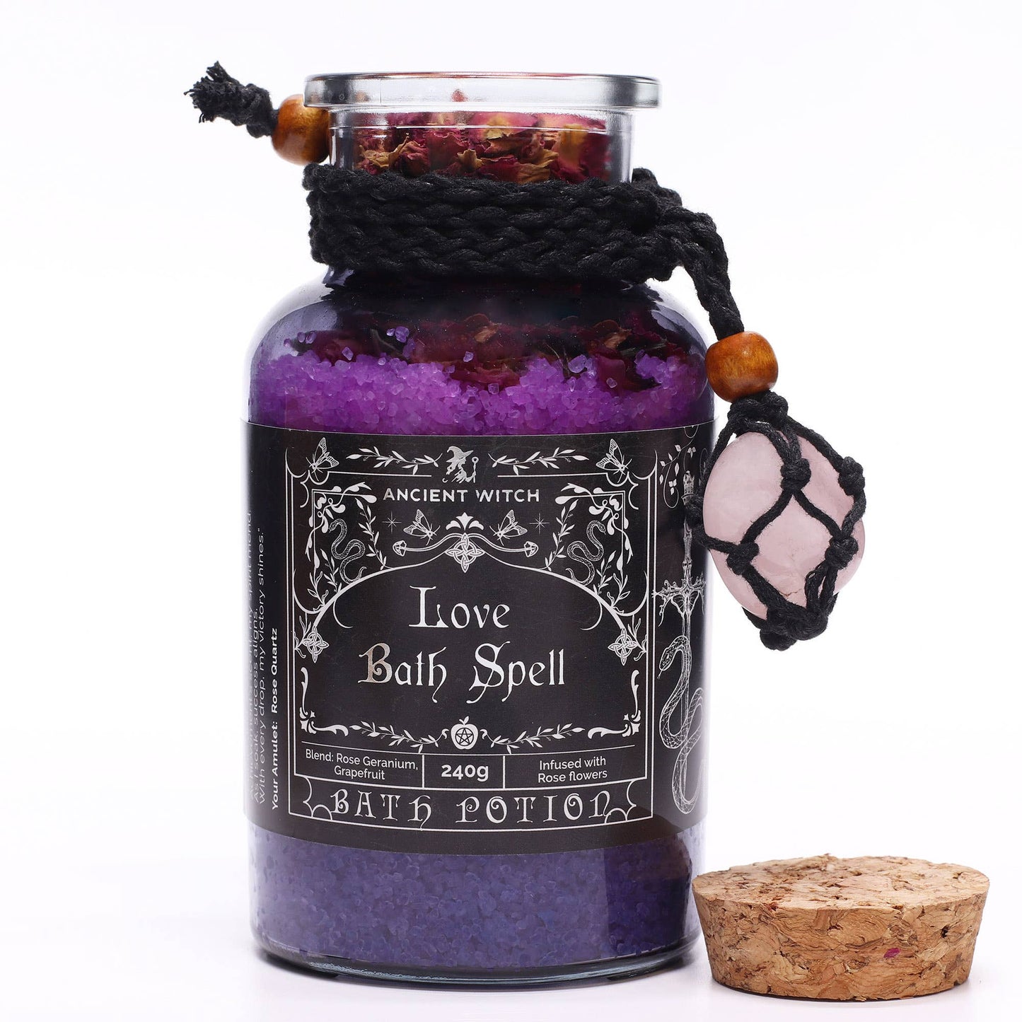 Ancient Witch Bath Spell Potion with Rose Quartz Crystal Amulet - Love