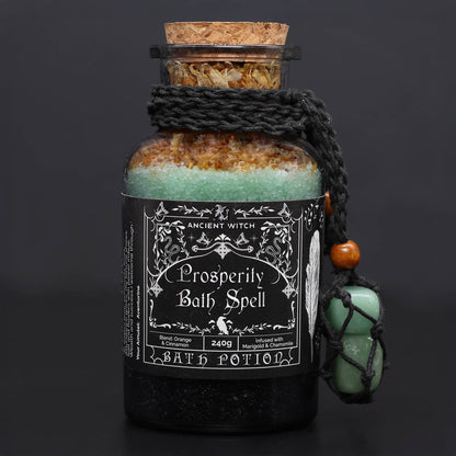 Ancient Witch Bath Spell Potion with Green Aventurine Crystal Amulet - Prosperity