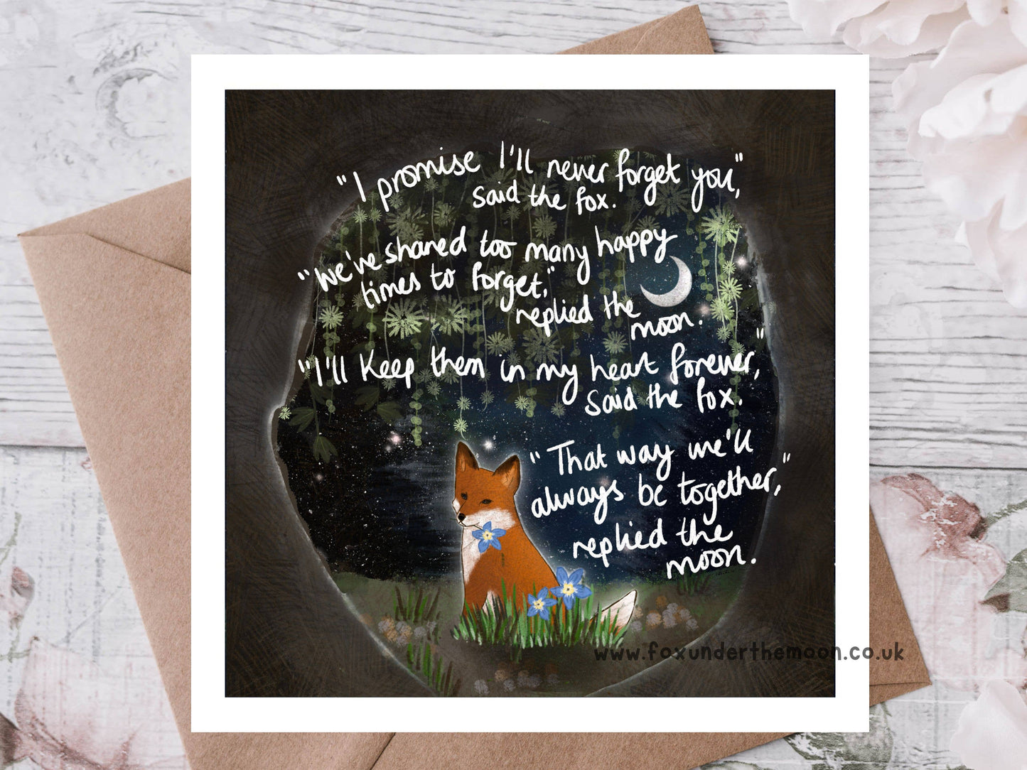 "Forget-Me-Not" Sympathy & Remembrance Card Fox Under The Mo: Naked (no cello wrapping)