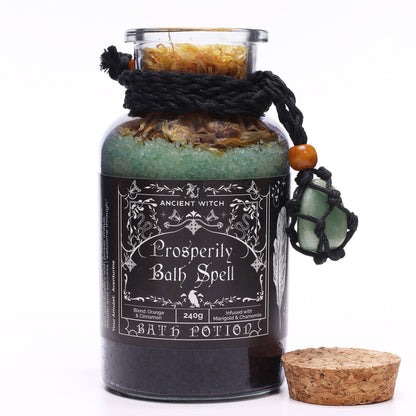 Ancient Witch Bath Spell Potion with Green Aventurine Crystal Amulet - Prosperity