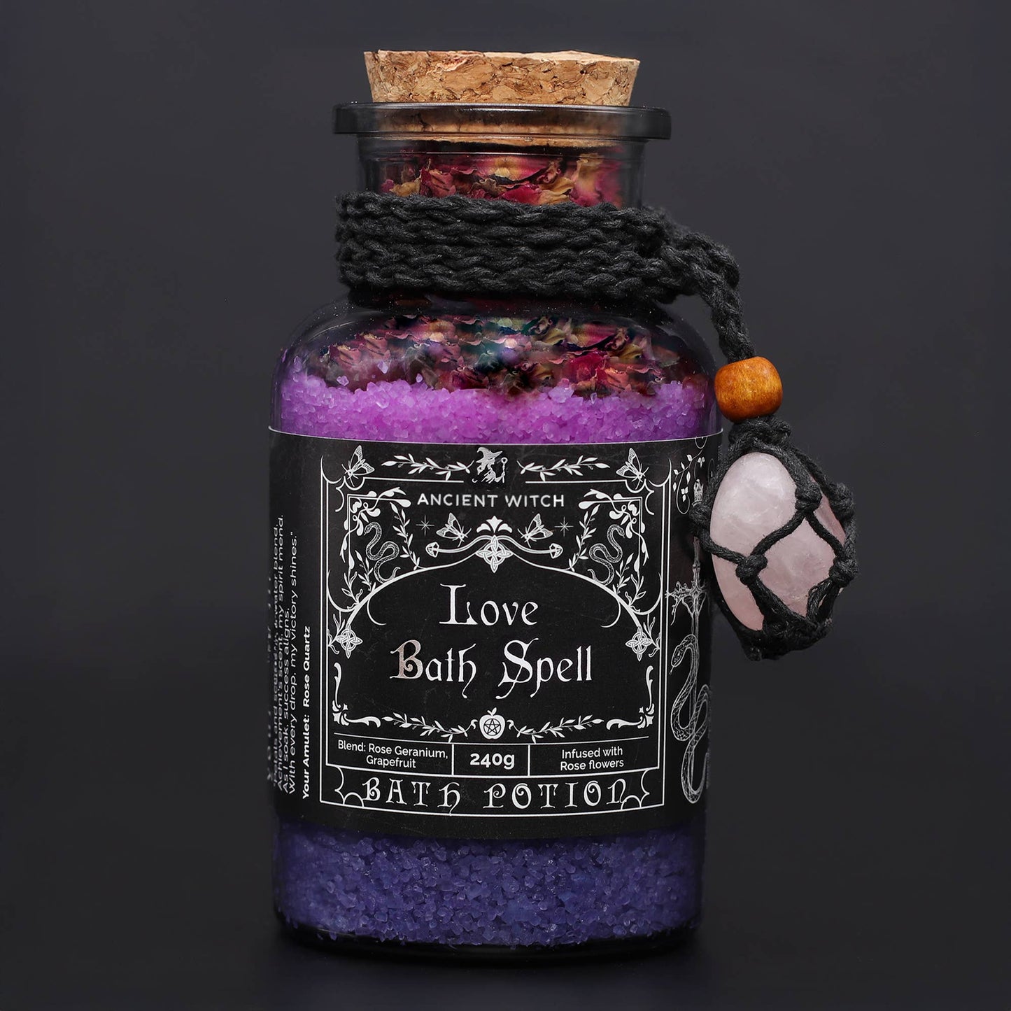 Ancient Witch Bath Spell Potion with Rose Quartz Crystal Amulet - Love