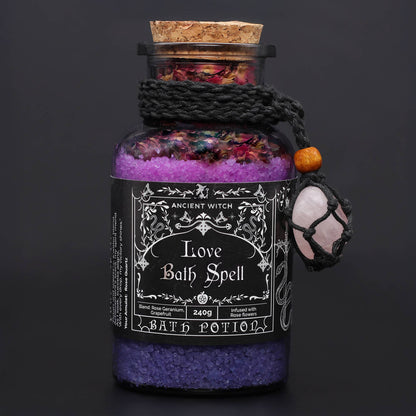 Ancient Witch Bath Spell Potion with Rose Quartz Crystal Amulet - Love