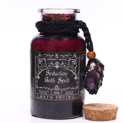 Ancient Witch Bath Spell Potion with Amethyst Crystal Amulet - Seduction