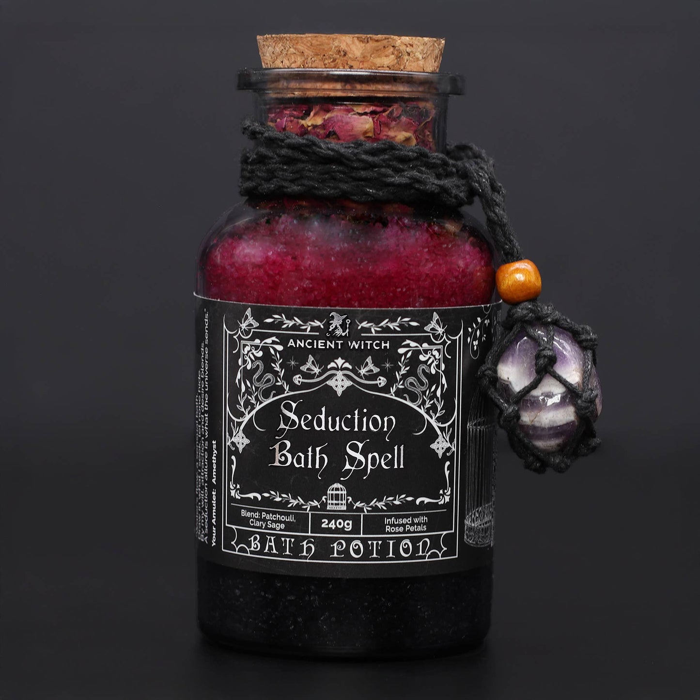 Ancient Witch Bath Spell Potion with Amethyst Crystal Amulet - Seduction