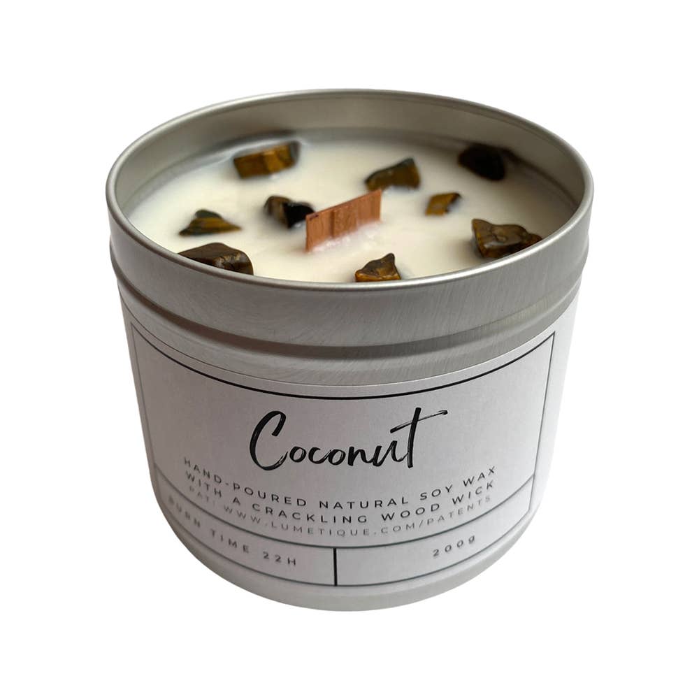 Aluminium Tin Candle: Coconut with Tiger's Eye